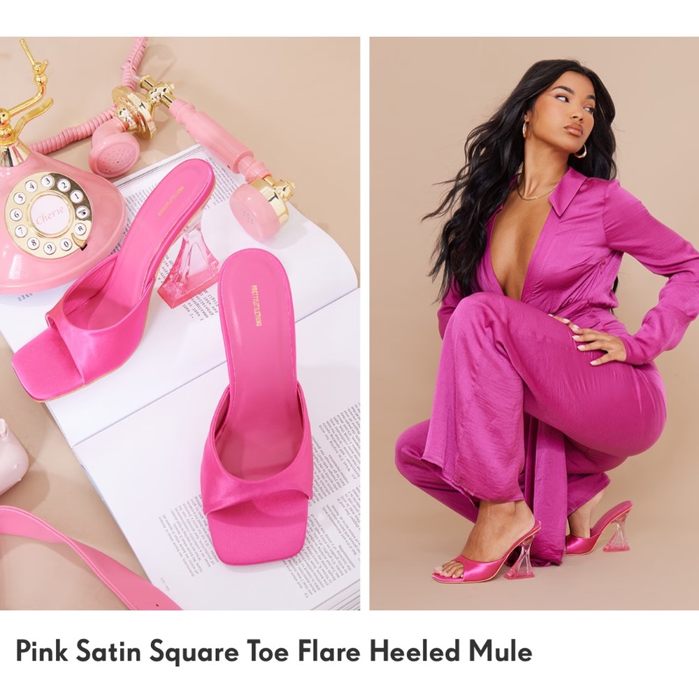 PRETTYLITTLETHING Pink Satin Square Toe Flare Heeled Mule